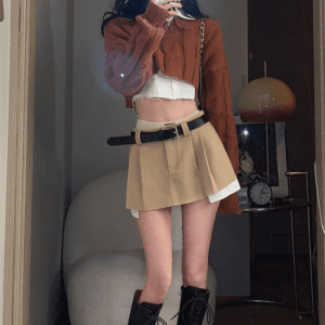 HOUZHOU Vintage Irregular Micro Skirt 2022 Fashion Women Y2K Crop Patchwork High Waist Sexy Pleated belted 1