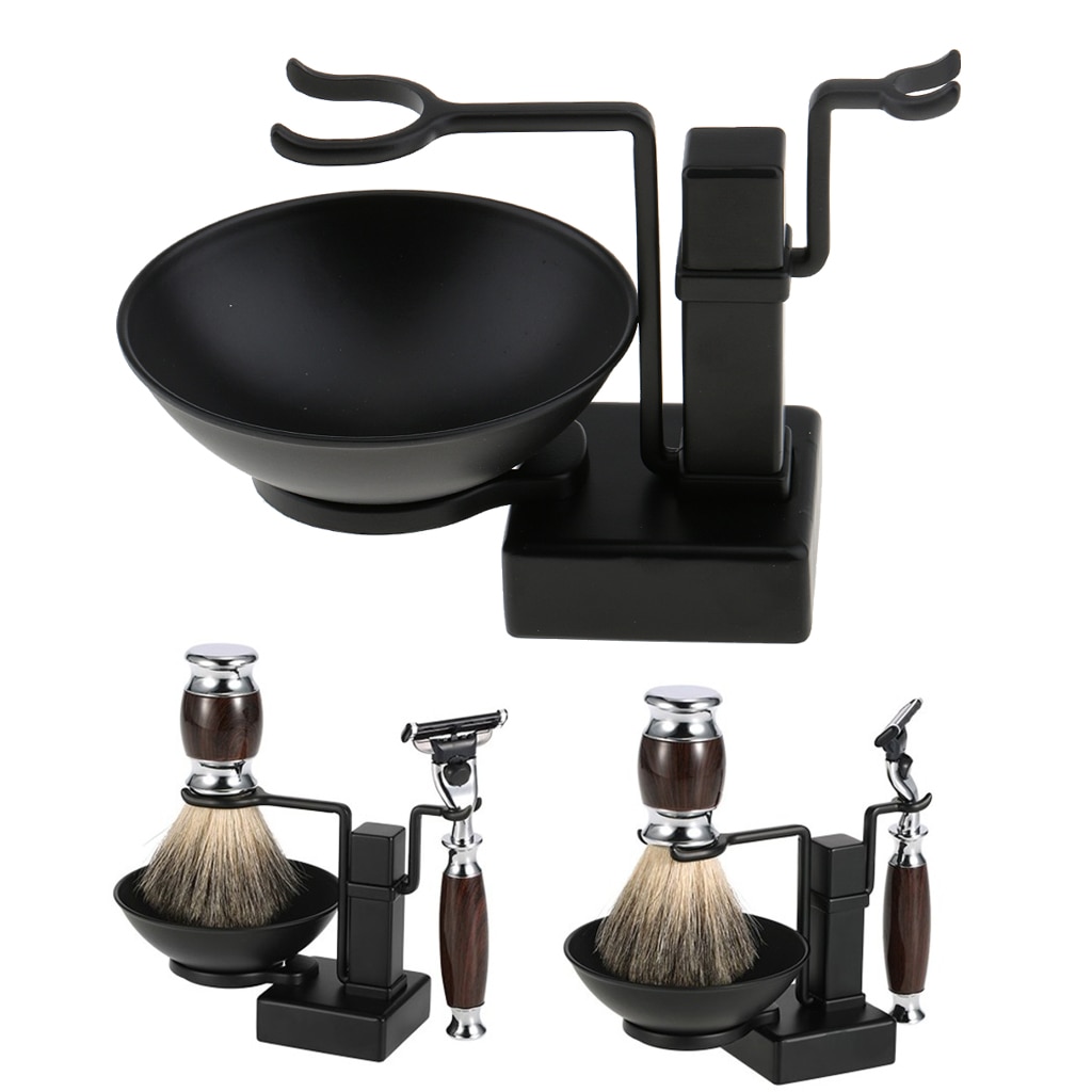 High Quality Bathroom Barber Men Metal Shaving Rack Stand Set - Shave Brush Holder Shelf + Soap Mug Cup Bowl Black