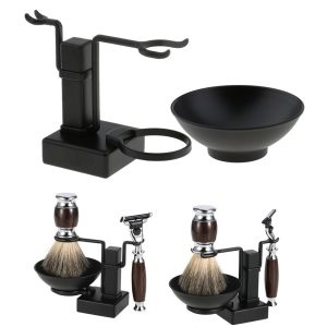 High Quality Bathroom Barber Men Metal Shaving Rack Stand Set – Shave Brush Holder Shelf + Soap Mug Cup Bowl Black