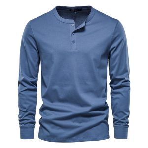 High Quality Henry Collar T Shirt Men Casual Solid Color Long Sleeve T Shirt for Men