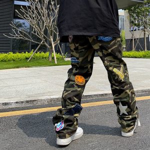 High Street Camouflage Jeans Mens Embroidered Patch Men s Streetwear Fashion Brand American Hip Hop Straight