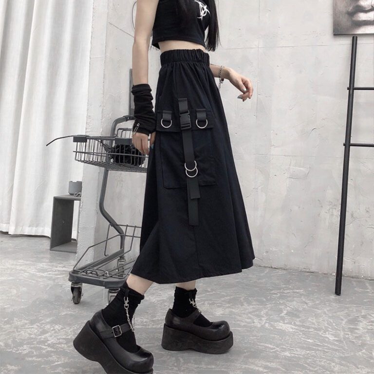High Waist Cargo Skirts Woman Harajuku 2022 Loose A line Pocket Midi Long Black Skirt Hip 1