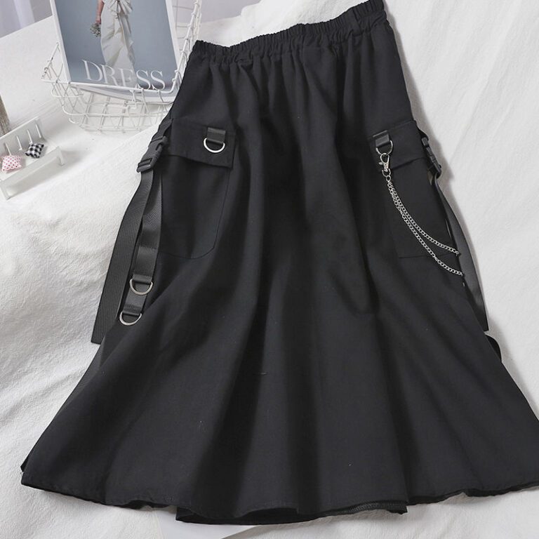 High Waist Cargo Skirts Woman Harajuku 2022 Loose A line Pocket Midi Long Black Skirt Hip 3