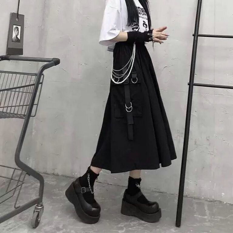 High Waist Cargo Skirts Woman Harajuku 2022 Loose A line Pocket Midi Long Black Skirt Hip