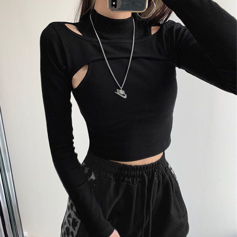 Hollow Knitted Crop Tops Women New Fitness Fake Two piece T shirt Female Black White Long