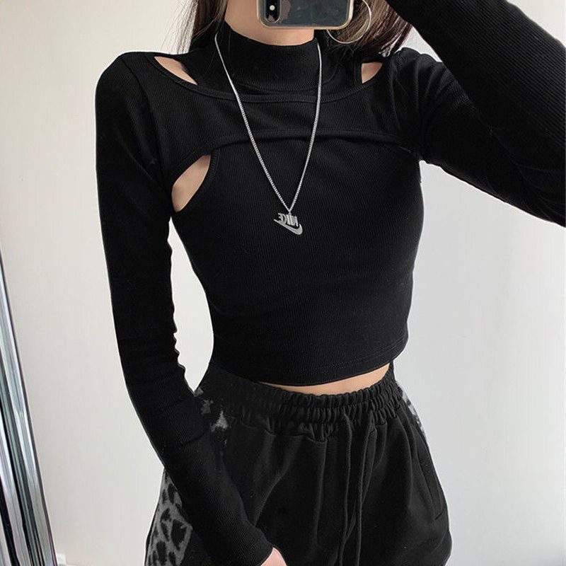 Hollow Knitted Crop Tops Women New Fitness Fake Two-piece T-shirt ...