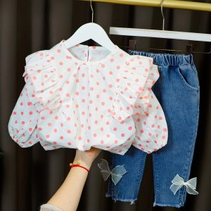 Hot Clothes For Kid Baby Girl Outfit Set Dot Pleated Lace Collar Long Denim Bows Trousers 1