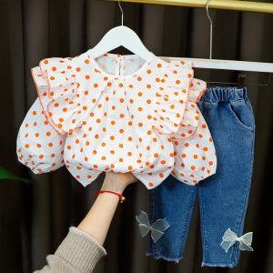 Hot Clothes For Kid Baby Girl Outfit Set Dot Pleated Lace Collar Long Denim Bows Trousers 2.jpg 640x640 2