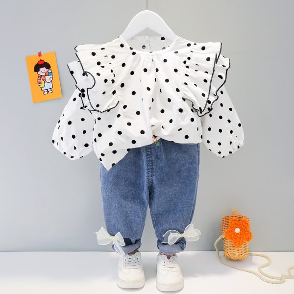 Hot Clothes For Kid Baby Girl Outfit Set Dot Pleated Lace Collar Long Denim Bows Trousers 3