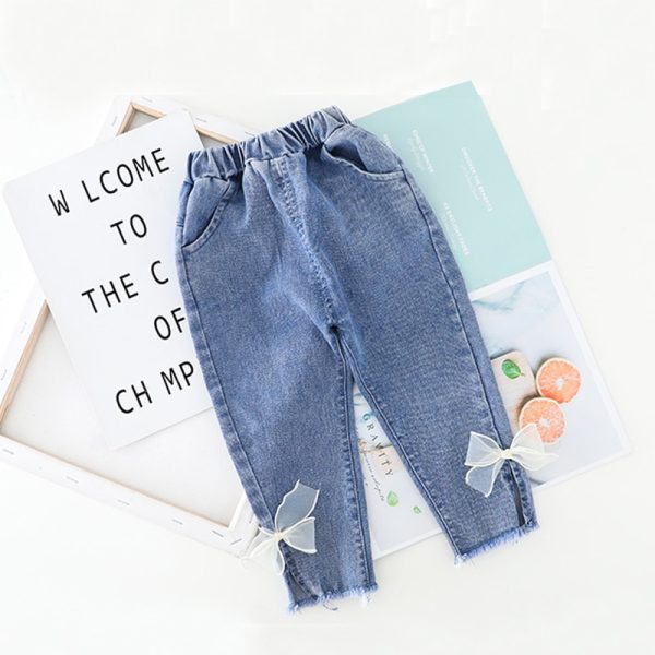 Hot Clothes For Kid Baby Girl Outfit Set Dot Pleated Lace Collar Long Denim Bows Trousers 4