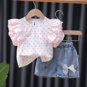Hot Clothes For Kid Baby Girl Outfit Set Dot Pleated Lace Collar Long Denim Bows Trousers 4.jpg 640x640 4