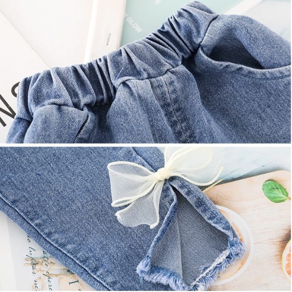 Hot Clothes For Kid Baby Girl Outfit Set Dot Pleated Lace Collar Long Denim Bows Trousers 5