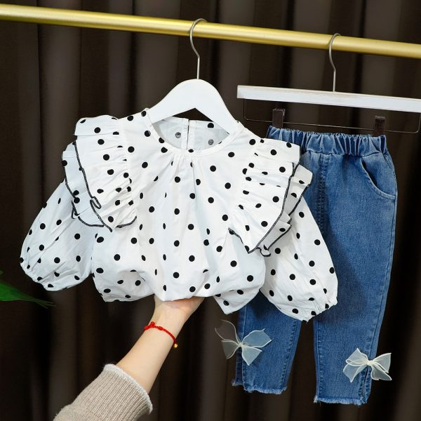 Hot Clothes For Kid Baby Girl Outfit Set Dot Pleated Lace Collar Long Denim Bows Trousers