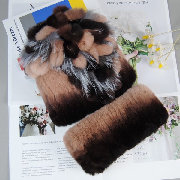 Hot Sale Women Warm Rex Rabbit Fur Hat Scarf Sets Winter Lady Knit Fur Hats Muffler 3
