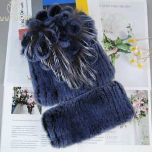 Hot Sale Women Warm Rex Rabbit Fur Hat Scarf Sets Winter Lady Knit Fur Hats Muffler