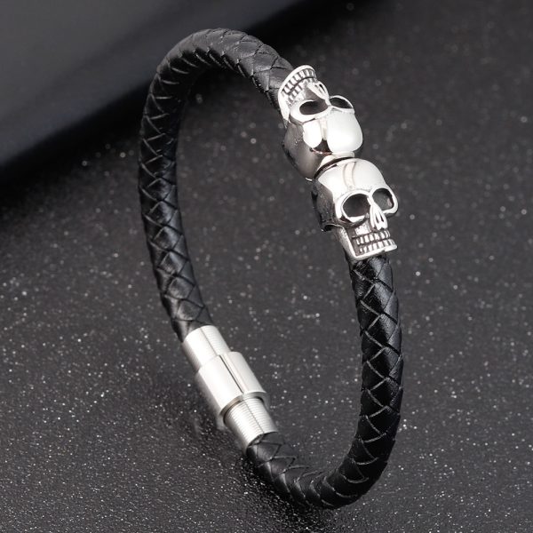 Hyperbole Men Jewelry Black Braided Leather Bracelets Stainless Steel Leahter Bracelets Cool Skull Bracelets Men Bracelet 1