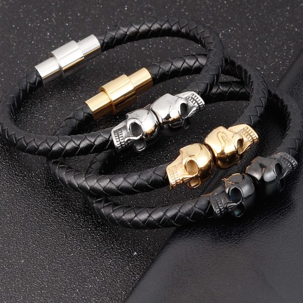 Hyperbole Men Jewelry Black Braided Leather Bracelets Stainless Steel Leahter Bracelets Cool Skull Bracelets Men Bracelet 3