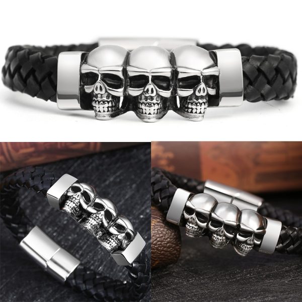 Hyperbole Men Jewelry Black Braided Leather Bracelets Stainless Steel Leahter Bracelets Cool Skull Bracelets Men Bracelet 5