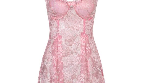 IAMSURE Sweet Cute Lace Cami Dress See Through Sexy Slim Sleeveless Ruffles Bow A Line Mini