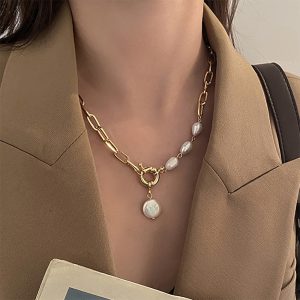 IFMIA 2021 Trend Pearl Thick Chain Pendant Necklace for Women Kpop Fashion Collar Necklace Choker Jewelry