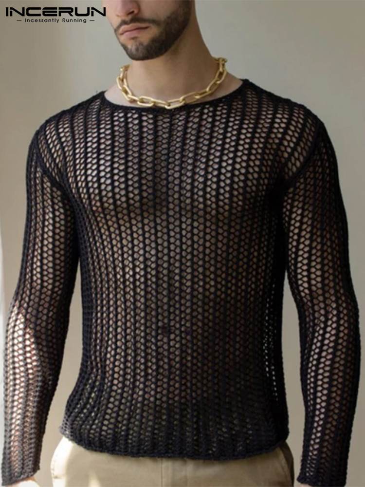 INCERUN Men Mesh T Shirt Transparent O neck Long Sleeve Men Clothing Streetwear 2022 Sexy Solid 1