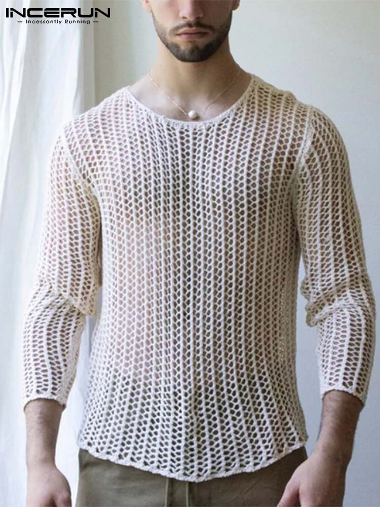 INCERUN Men Mesh T Shirt Transparent O neck Long Sleeve Men Clothing Streetwear 2022 Sexy Solid 2