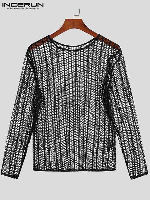 INCERUN Men Mesh T Shirt Transparent O neck Long Sleeve Men Clothing Streetwear 2022 Sexy Solid.jpg 640x640