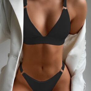 INGAGA Ribbed Bikini V neck Women s Swimsuit 2022 Sexy Thongs Swimwear Biquini Ring Linked Bathing 1