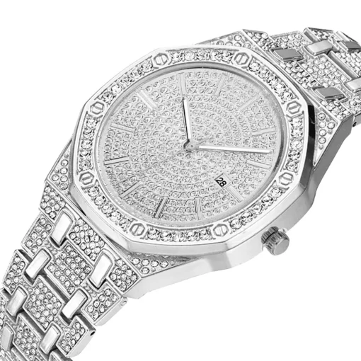 Iced Out Watch for Men Gold Watch Quartz Calendar Cool Watch Bling Bling Crystal Diamond