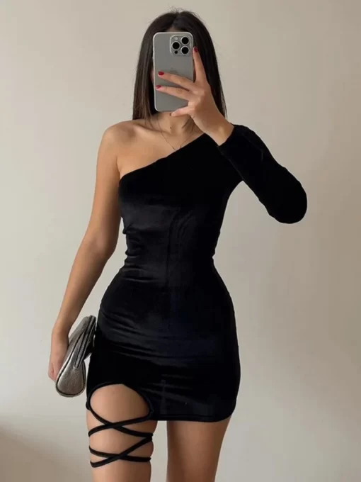 Inclined Shoulder Sexi Night Dress Hot Club Outfits Bodycon Vestidos De Mujer Bandage One Piece Y2k 1