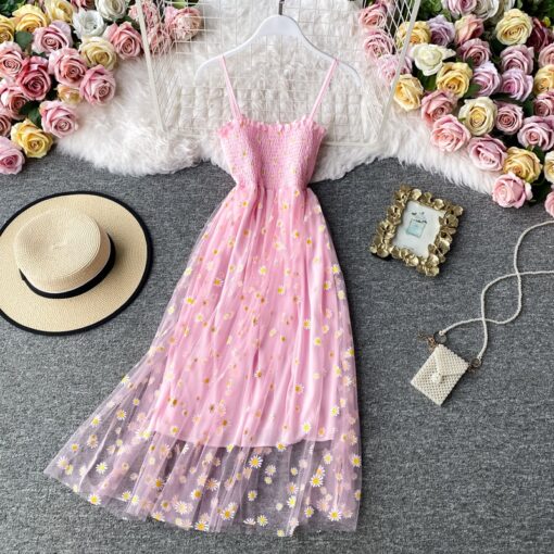 JMPRS Summer Beach Mesh Floral Dress Women Vintage Elegant Sexy Beach Sundress Woman Party Night Korean 3