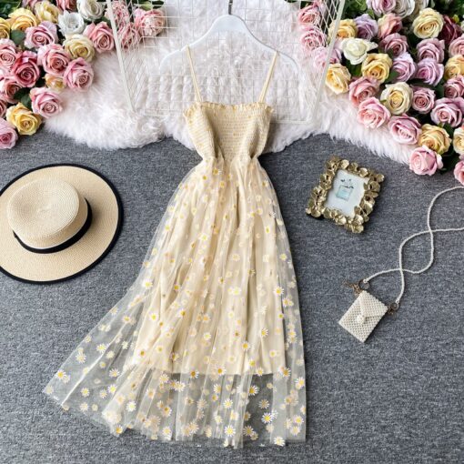 JMPRS Summer Beach Mesh Floral Dress Women Vintage Elegant Sexy Beach Sundress Woman Party Night Korean 4