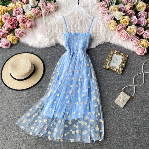 JMPRS Summer Beach Mesh Floral Dress Women Vintage Elegant Sexy Beach Sundress Woman Party Night Korean