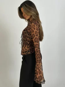 JULISSA MO Leopard Printed Sheer Chiffon Women T shirt Flare Sleeve Deep V neck Tops Female 1