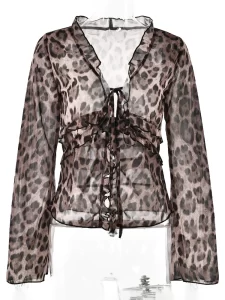 JULISSA MO Leopard Printed Sheer Chiffon Women T shirt Flare Sleeve Deep V neck Tops Female 5