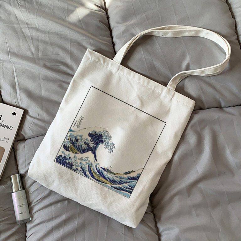 Japan wave print shopper bag casual large capacity canvas bag fashion Harajuku Cartoon letter Ulzzang zipper
