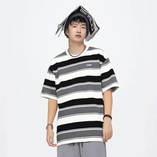 Japanese Fashion Men s Stripe Oversize T shirt Men s and Women s 2024 Summer New 3
