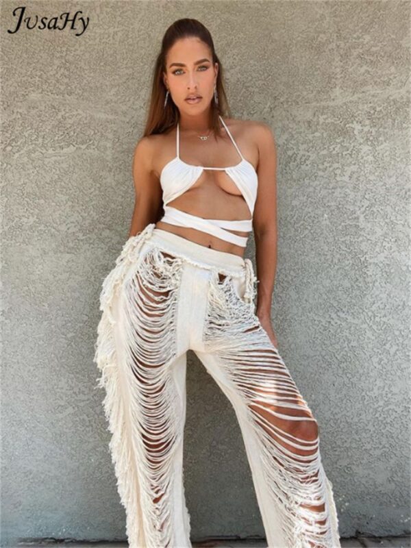 JuSaHy Y2K Solid Knitted Straight Pants for Women Hipster Tassel Hollow Out High Waist Bottoms Streetwear