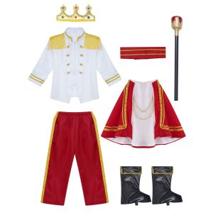 Kids Boys Medieval King Cosplay Costume Tops with Pants Belt Cape Headband Truncheon Socks Set Royal
