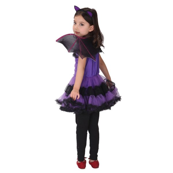 Kids Girls Purple Bat Vampire Princess Dress Fancy Cosplay Costume Witch Clothes with Wing Halloween Role