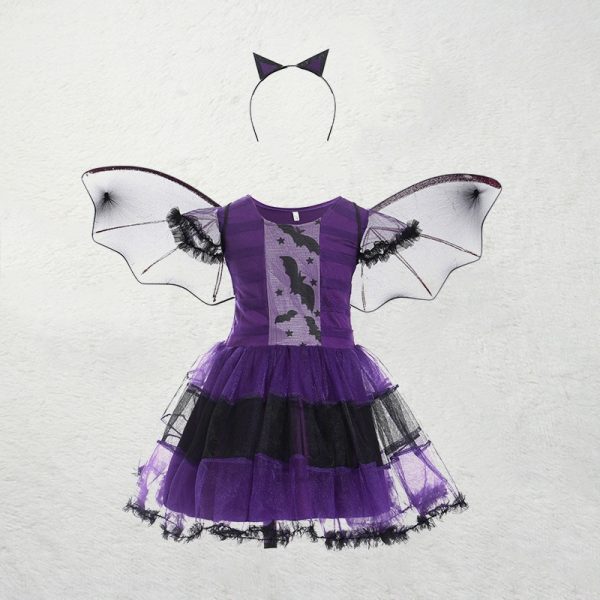 Kids Girls Purple Bat Vampire Princess Dress Fancy Cosplay Costume Witch Clothes with Wing Halloween Role