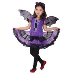 Kids Girls Purple Bat Vampire Princess Dress Fancy Cosplay Costume Witch Clothes with Wing Halloween Role