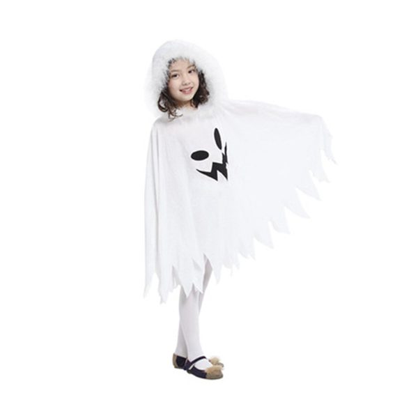 Kids Halloween White Hooded Cape Funny Ghost Print Fringed Cape Halloween Cosplay Costume Stage Performance Costume