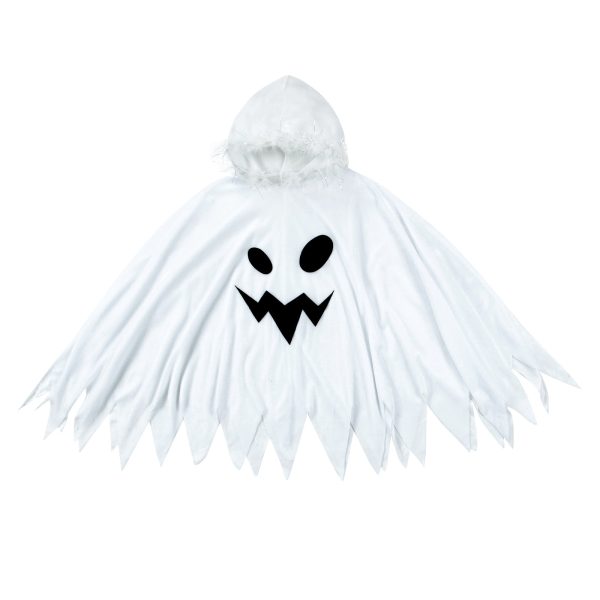 Kids Halloween White Hooded Cape Funny Ghost Print Fringed Cape Halloween Cosplay Costume Stage Performance Costume