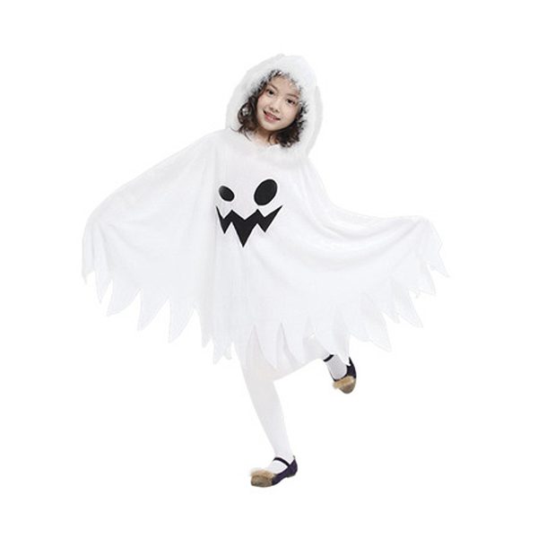 Kids Halloween White Hooded Cape Funny Ghost Print Fringed Cape Halloween Cosplay Costume Stage Performance Costume