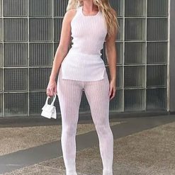 Kliou Solid Knitted Two Piece Set Women See Through Skinny Casual Top Pant Matching Outfits Active 1