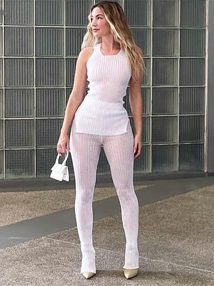 Kliou Solid Knitted Two Piece Set Women See Through Skinny Casual Top Pant Matching Outfits Active 1
