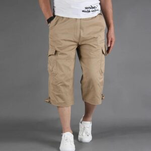 Knee Length Cargo Shorts Men s Summer Casual Cotton Multi Pockets Breeches Cropped Short Trousers Military 2