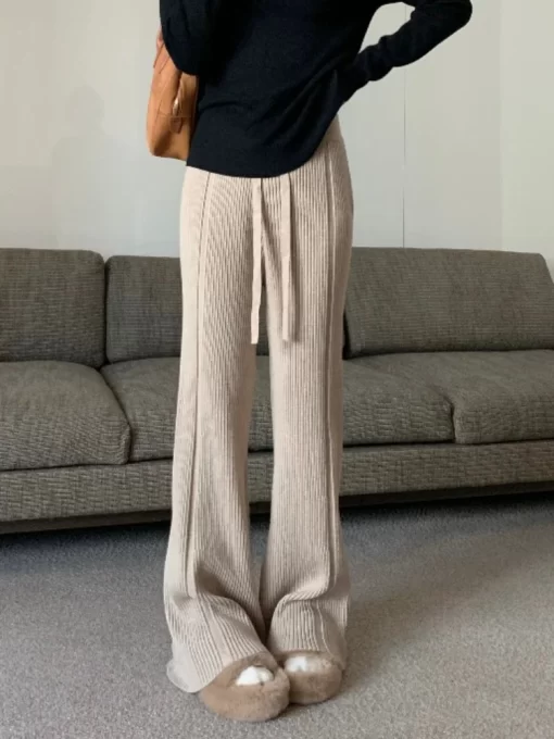 Knitted Flared Pants for Women Casual Fashion Thickened Warm White Pants Cashmere Solid Loose Autumn Winter