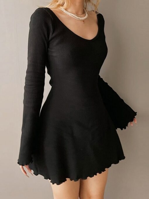 Knitting Elegant Dress For Women Spring Fall Solid Color V Neck Office Lady Irregular Hem Simple 2